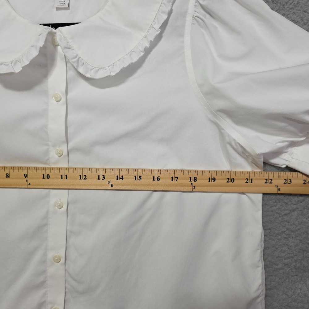 Lands End White Cotton Blouse Peter Pan Collard Button Front Puff Sleeves Large - Picture 5 of 8